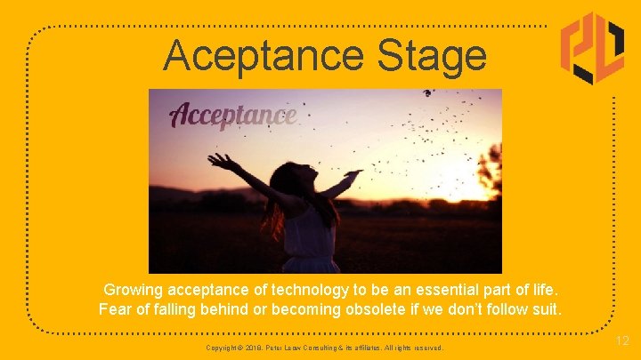 Aceptance Stage Growing acceptance of technology to be an essential part of life. Fear