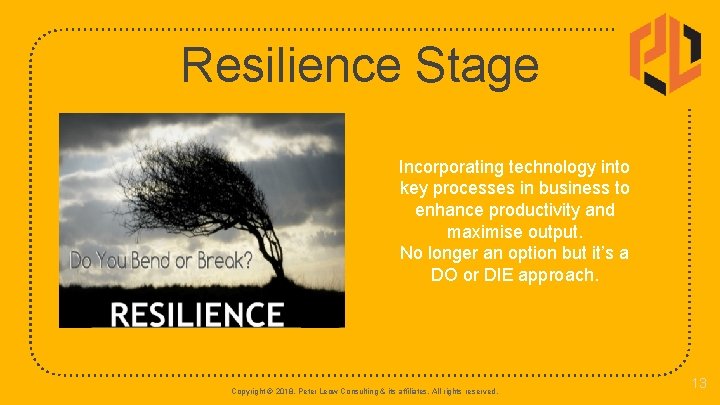 Resilience Stage Incorporating technology into key processes in business to enhance productivity and maximise