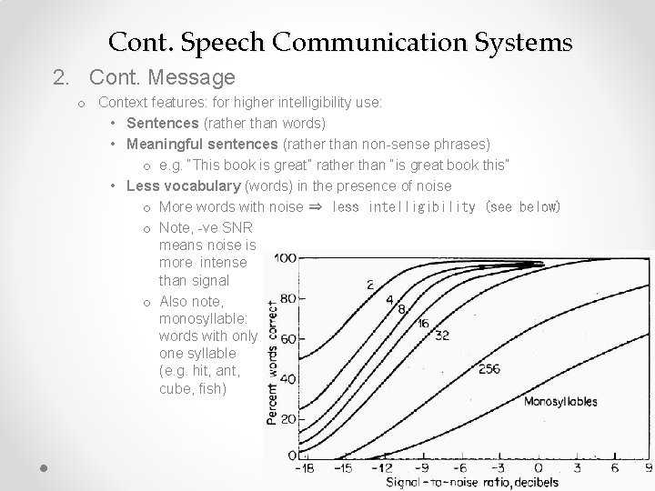 Cont. Speech Communication Systems 2. Cont. Message o Context features: for higher intelligibility use: