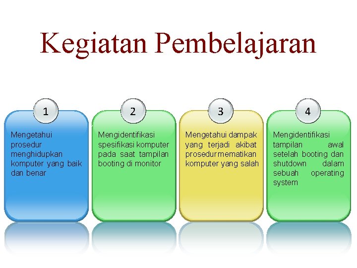 Kegiatan Pembelajaran 1 2 3 4 Mengetahui prosedur menghidupkan komputer yang baik dan benar Kegiatan Pembelajaran 1 2 3 4 Mengetahui prosedur menghidupkan komputer yang baik dan benar