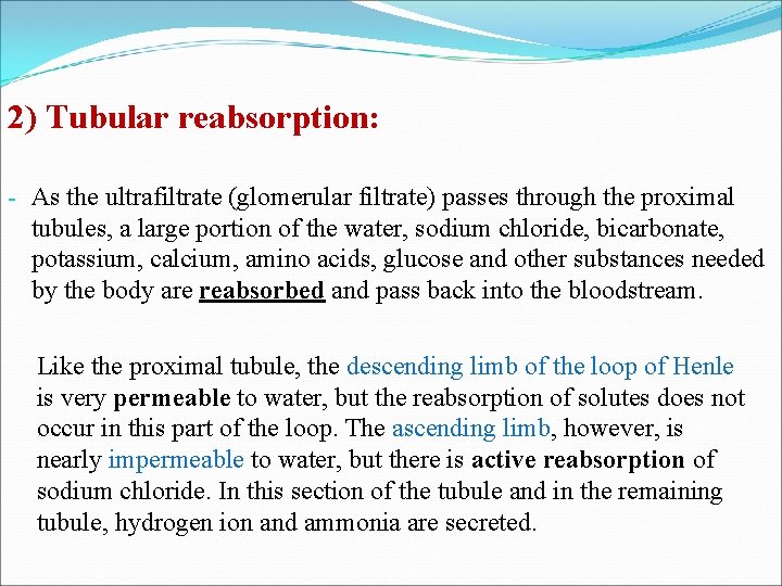 2) Tubular reabsorption: - As the ultrafiltrate (glomerular filtrate) passes through the proximal tubules,