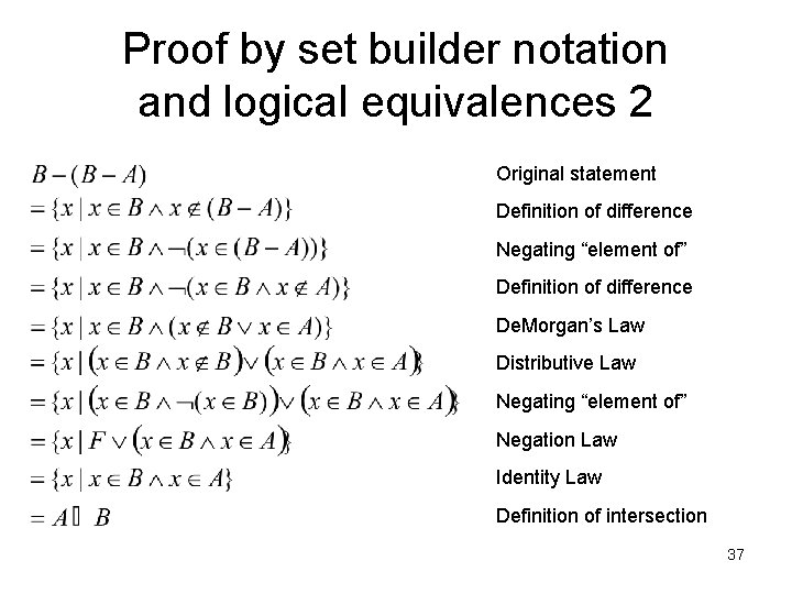 Proof by set builder notation and logical equivalences 2 Original statement Definition of difference