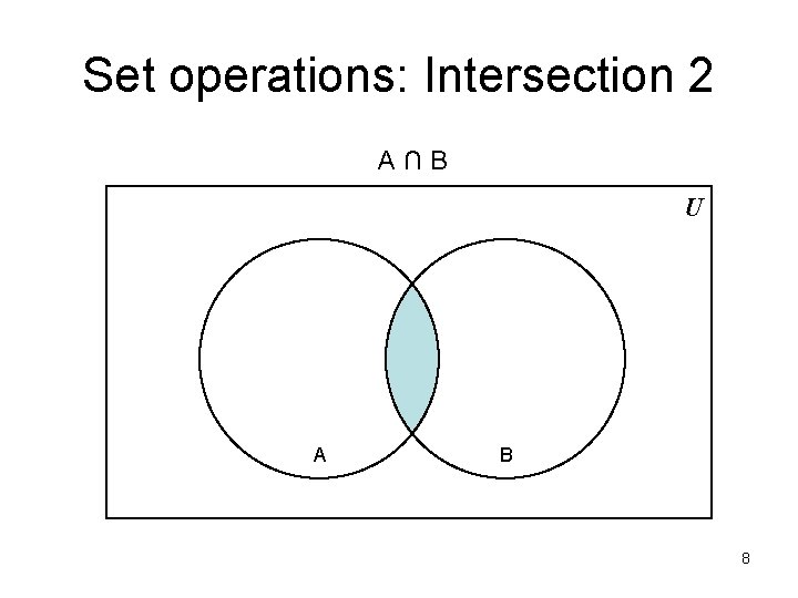 Set operations: Intersection 2 A∩B U A B 8 