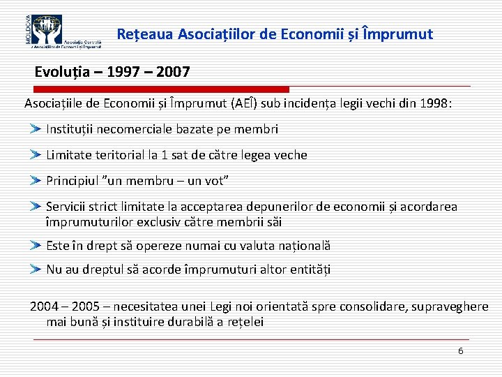 Rețeaua Asociațiilor de Economii și Împrumut Evoluția – 1997 – 2007 Asociațiile de Economii