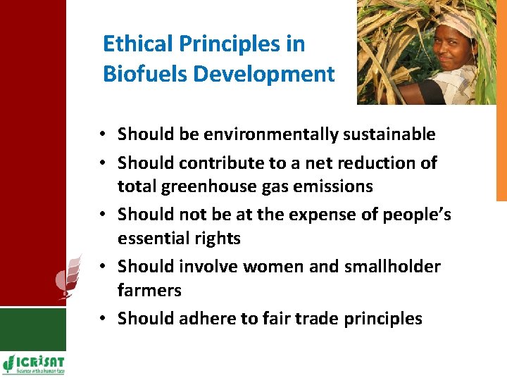 Ethical Principles in Biofuels Development • Should be environmentally sustainable • Should contribute to