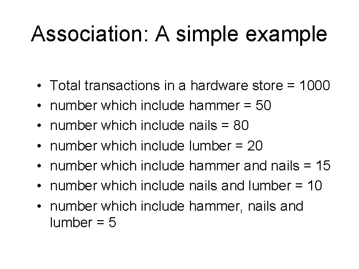 Association: A simple example • • Total transactions in a hardware store = 1000