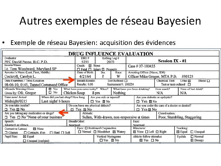 Autres exemples de réseau Bayesien • Exemple de réseau Bayesien: acquisition des évidences 