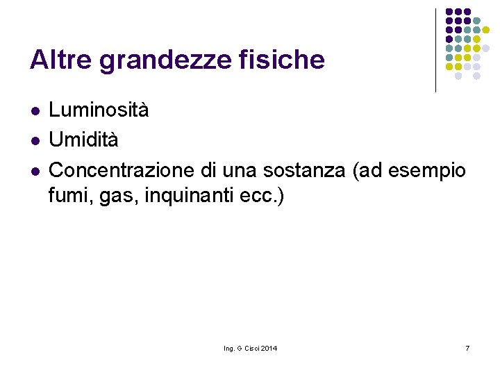 Altre grandezze fisiche l l l Luminosità Umidità Concentrazione di una sostanza (ad esempio