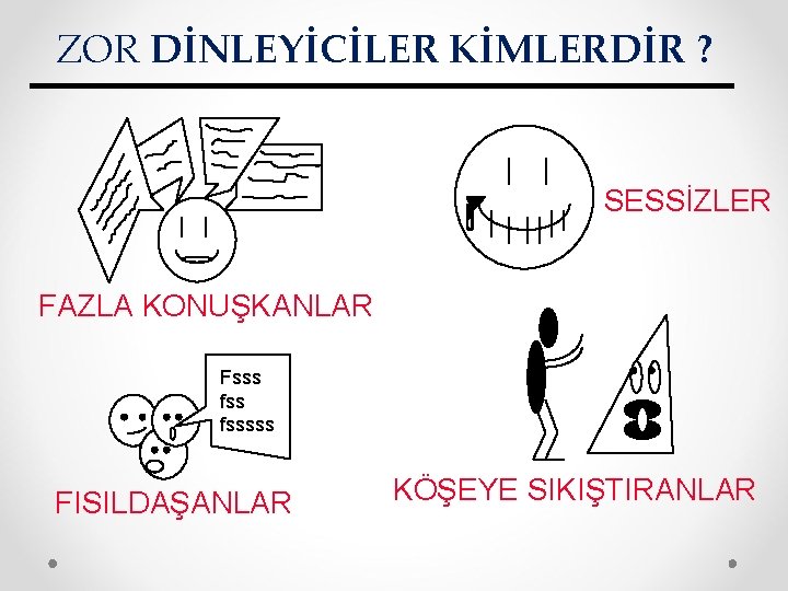 ZOR DİNLEYİCİLER KİMLERDİR ? SESSİZLER FAZLA KONUŞKANLAR Fsss fsssss FISILDAŞANLAR KÖŞEYE SIKIŞTIRANLAR 