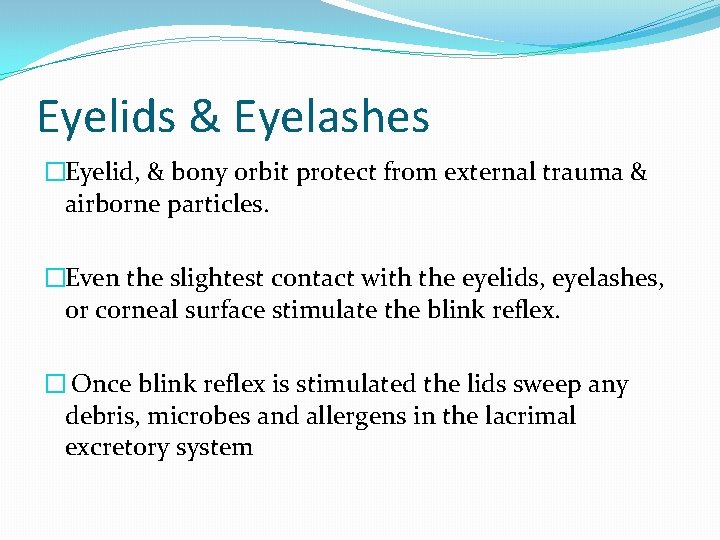 Eyelids & Eyelashes �Eyelid, & bony orbit protect from external trauma & airborne particles.