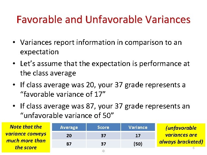 Favorable and Unfavorable Variances • Variances report information in comparison to an expectation •