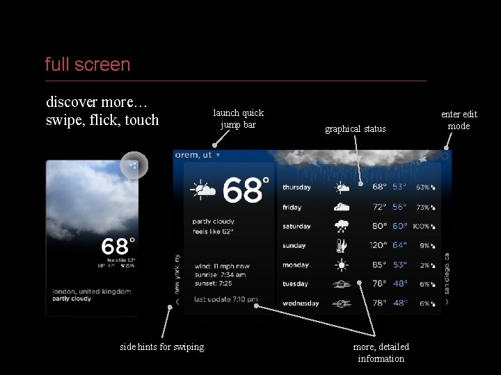full screen discover more… swipe, flick, touch launch quick jump bar side hints for
