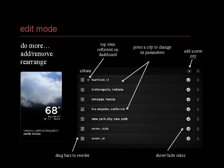 edit mode do more… add/remove rearrange top item reflected on dashboard press a city