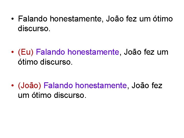  • Falando honestamente, João fez um ótimo discurso. • (Eu) Falando honestamente, João