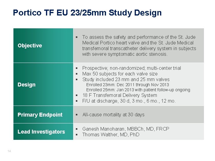 Portico TF EU 23/25 mm Study Design Objective Design § To assess the safety Portico TF EU 23/25 mm Study Design Objective Design § To assess the safety