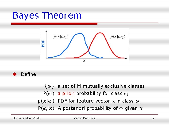 Bayes Theorem u Define: { i} a set of M mutually exclusive classes P(