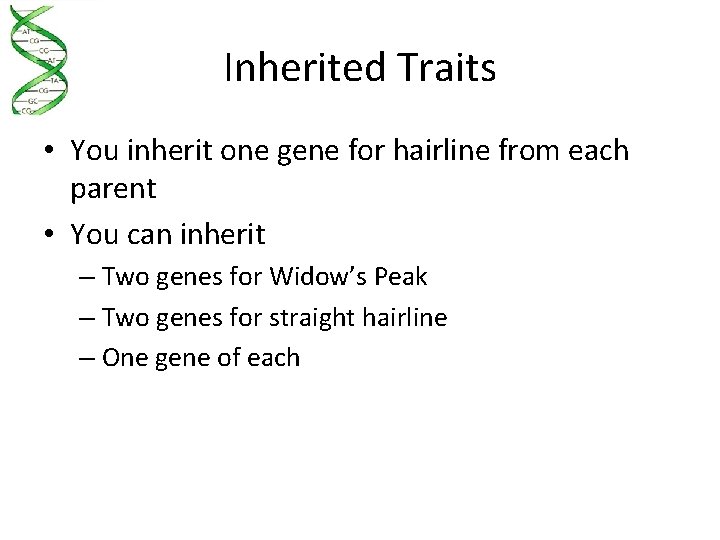 Inherited Traits • You inherit one gene for hairline from each parent • You