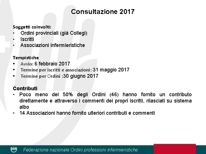 Consultazione 2017 Soggetti coinvolti: • Ordini provinciali (già Collegi) • Iscritti • Associazioni infermieristiche