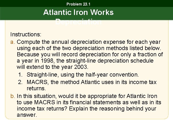 Problem 23. 1 Atlantic Iron Works Depreciation Instructions: a. Compute the annual depreciation expense