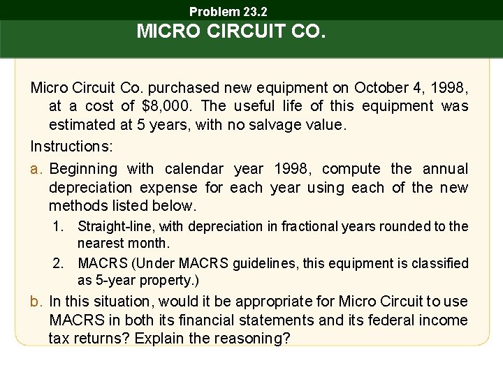 Problem 23. 2 MICRO CIRCUIT CO. Micro Circuit Co. purchased new equipment on October