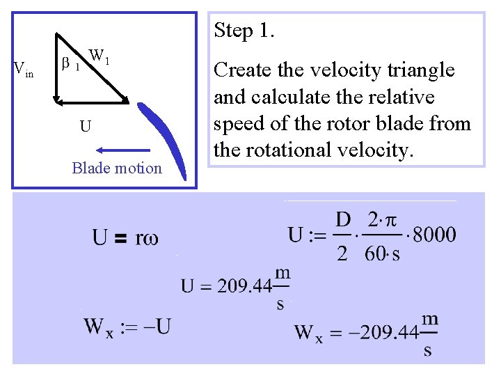 Step 1. Vin W 1 U Blade motion Create the velocity triangle and calculate