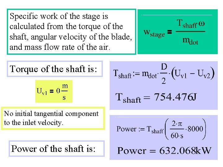 Specific work of the stage is calculated from the torque of the shaft, angular