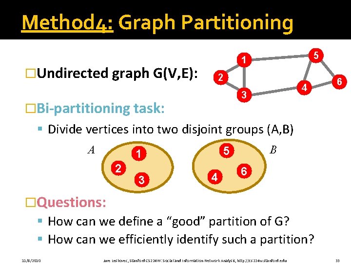 Method 4: Graph Partitioning �Undirected graph G(V, E): 5 1 2 4 3 �Bi-partitioning