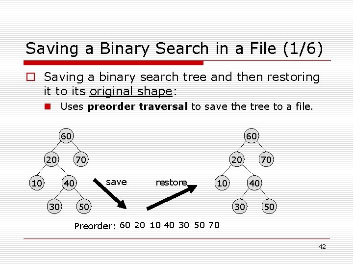 Saving a Binary Search in a File (1/6) o Saving a binary search tree