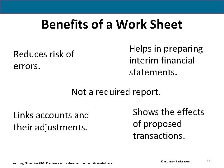 Benefits of a Work Sheet Reduces risk of errors. Helps in preparing interim financial