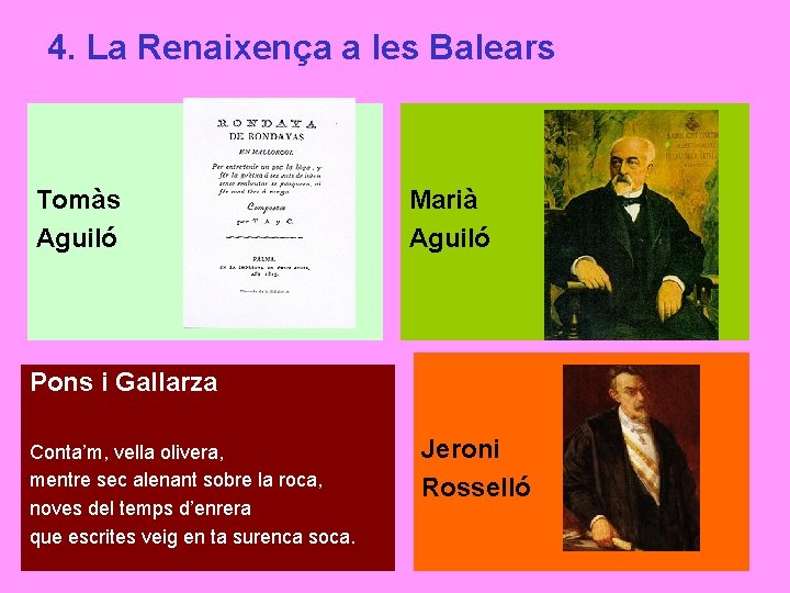 4. La Renaixença a les Balears Tomàs Aguiló Marià Aguiló Pons i Gallarza Conta’m,