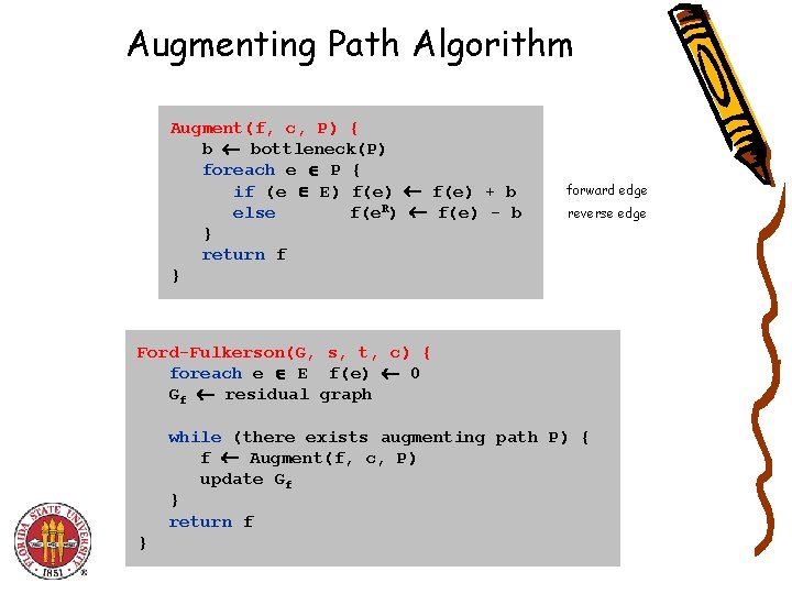 Augmenting Path Algorithm Augment(f, c, P) { b bottleneck(P) foreach e P { if