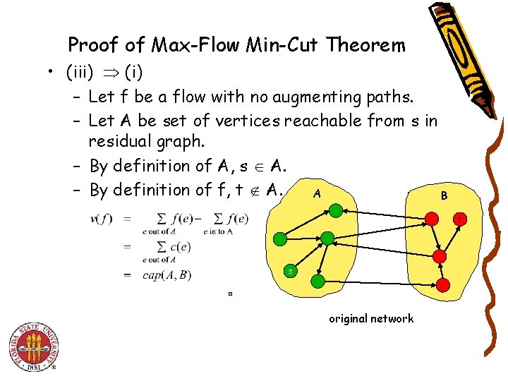 Proof of Max-Flow Min-Cut Theorem • (iii) (i) – Let f be a flow
