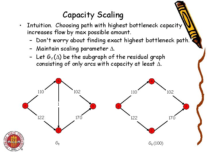 Capacity Scaling • Intuition. Choosing path with highest bottleneck capacity increases flow by max