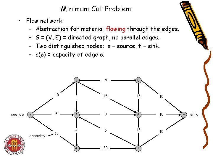 Minimum Cut Problem • Flow network. – Abstraction for material flowing through the edges.