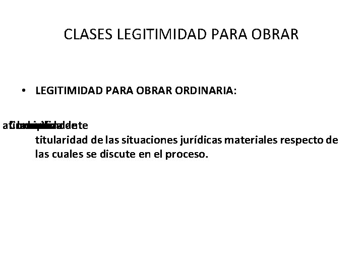 CLASES LEGITIMIDAD PARA OBRAR • LEGITIMIDAD PARA OBRAR ORDINARIA: afirmación Consiste lademandante en realiza CLASES LEGITIMIDAD PARA OBRAR • LEGITIMIDAD PARA OBRAR ORDINARIA: afirmación Consiste lademandante en realiza