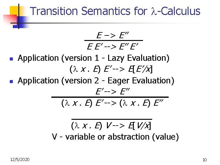 Transition Semantics for -Calculus E --> E’’ E E’ --> E’’ E’ n n