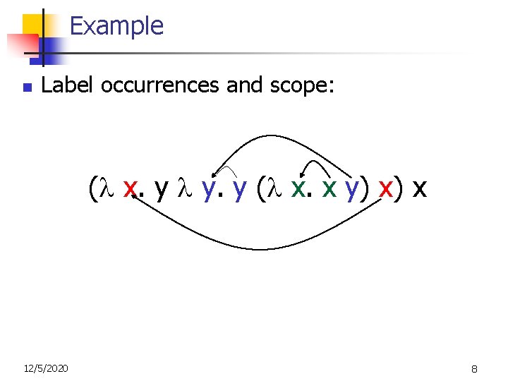 Example n Label occurrences and scope: ( x. y y. y ( x. x