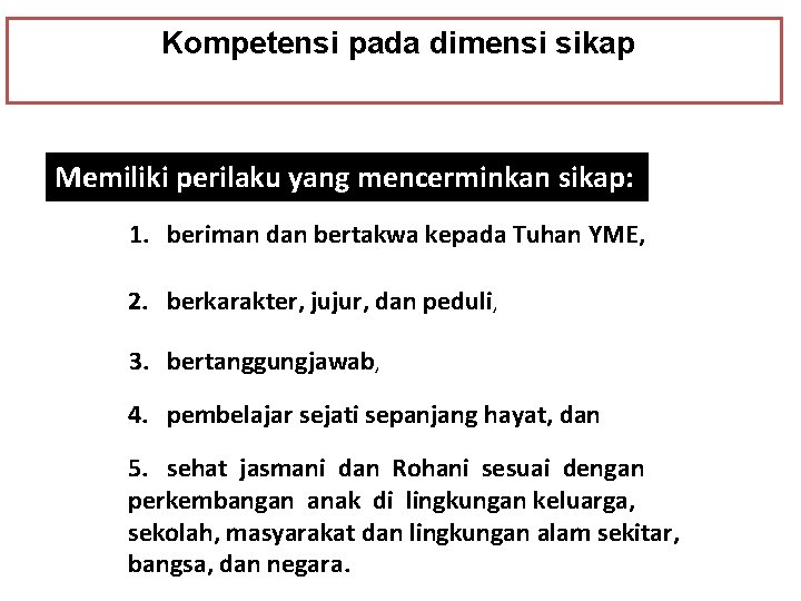 Kompetensi pada dimensi sikap Memiliki perilaku yang mencerminkan sikap: 1. beriman dan bertakwa kepada