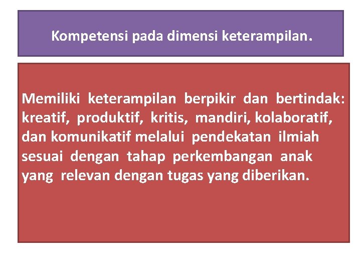  Kompetensi pada dimensi keterampilan. Memiliki keterampilan berpikir dan bertindak: kreatif, produktif, kritis, mandiri,