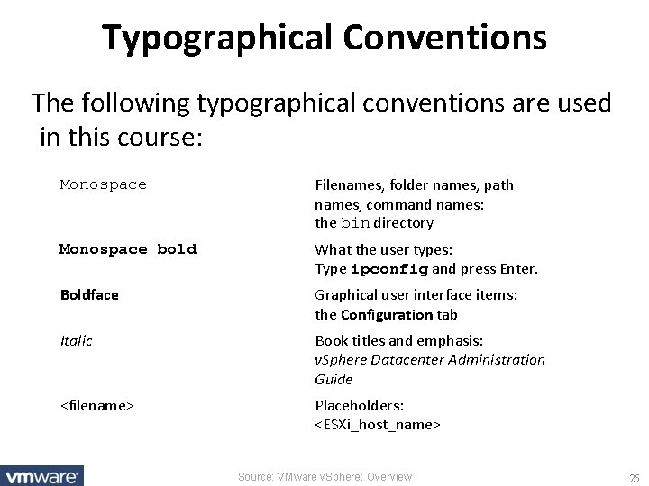 Typographical Conventions The following typographical conventions are used in this course: Monospace Filenames, folder