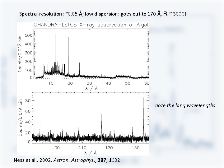 Spectral resolution: ~0. 05 Å; low dispersion: goes out to 170 Å, R ~ Spectral resolution: ~0. 05 Å; low dispersion: goes out to 170 Å, R ~