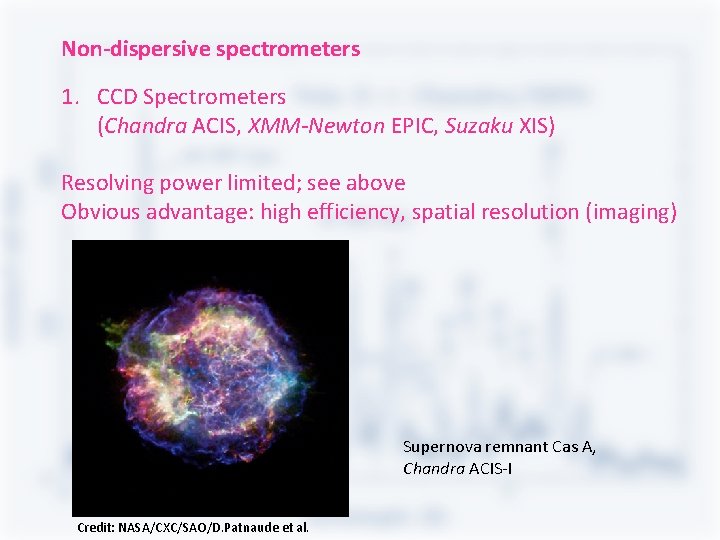 Non-dispersive spectrometers 1. CCD Spectrometers (Chandra ACIS, XMM-Newton EPIC, Suzaku XIS) Resolving power limited; Non-dispersive spectrometers 1. CCD Spectrometers (Chandra ACIS, XMM-Newton EPIC, Suzaku XIS) Resolving power limited;
