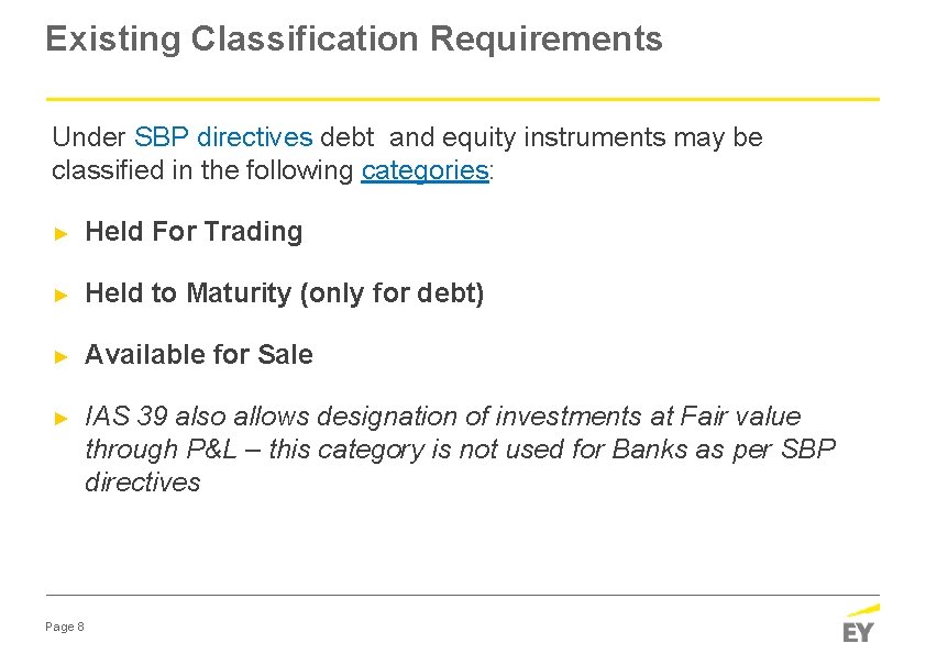 Existing Classification Requirements Under SBP directives debt and equity instruments may be classified in