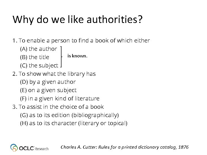 Why do we like authorities? 1. To enable a person to find a book
