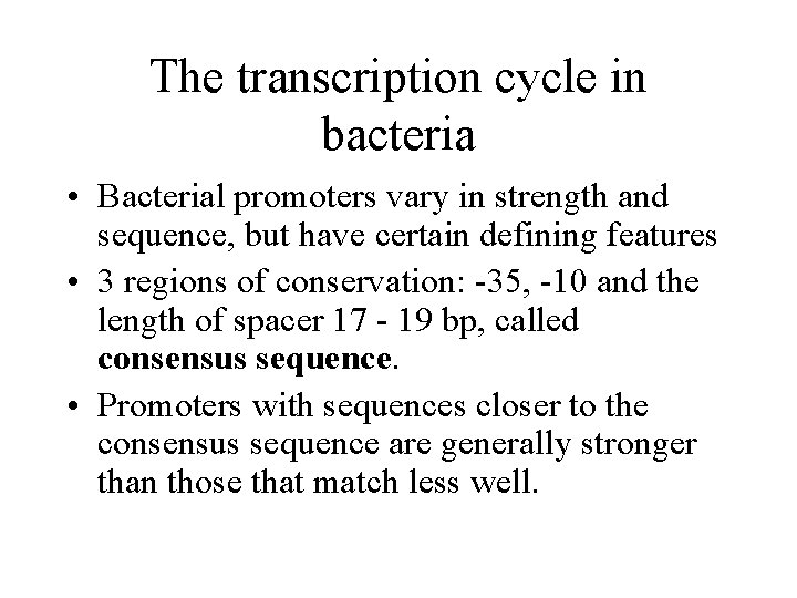 The transcription cycle in bacteria • Bacterial promoters vary in strength and sequence, but