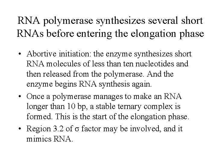 RNA polymerase synthesizes several short RNAs before entering the elongation phase • Abortive initiation: