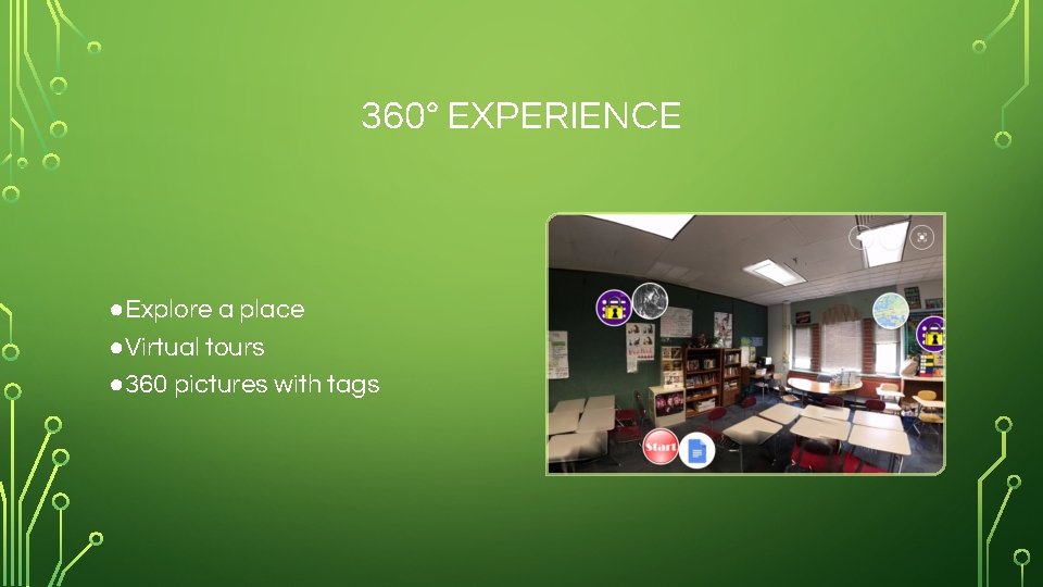 360° EXPERIENCE ●Explore a place ●Virtual tours ● 360 pictures with tags 