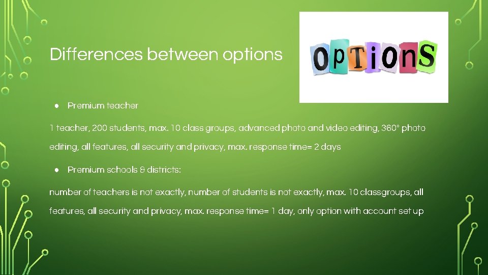 Differences between options ● Premium teacher 1 teacher, 200 students, max. 10 class groups,