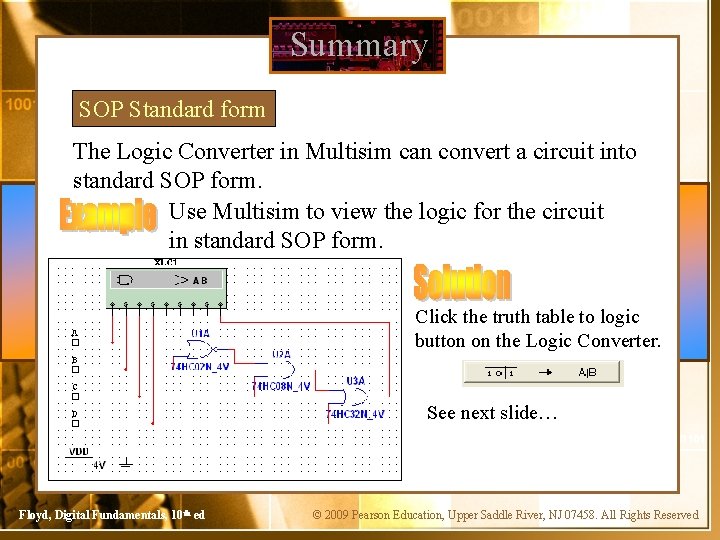 Summary SOP Standard form The Logic Converter in Multisim can convert a circuit into