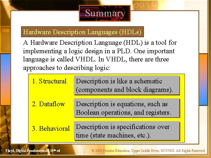 Summary Hardware Description Languages (HDLs) A Hardware Description Language (HDL) is a tool for